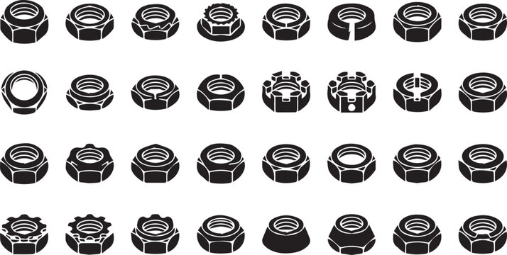 Professional collection of thirty two lock nut icons featuring various nylon insert nuts castle nuts and self locking fasteners in black silhouette vector style