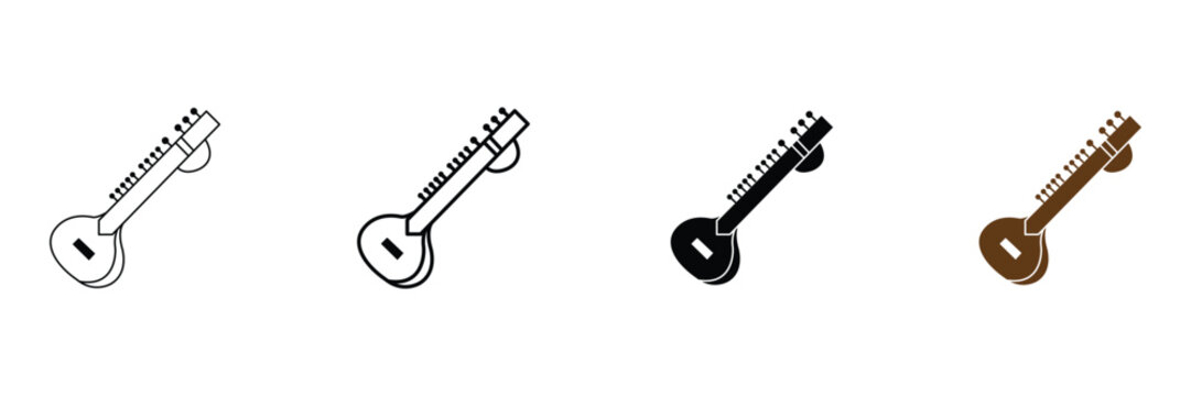 Sitar Indian classical music instrument icon set featuring minimalist outline and solid isometric styles for traditional devotional and cultural performance.