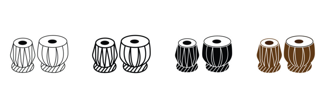 Indian musical instrument tabla icon set, traditional percussion drums in outline, glyph, and flat vector styles for music culture design.
