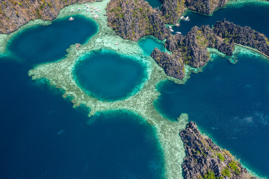 Beautiful aerial view of the popular twin lagoon in Coron, philippines. Concept about asian travels and landscapes