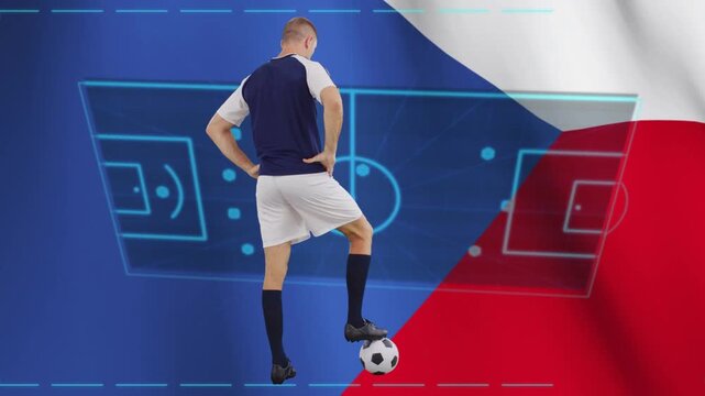 Tactical board fading in triggers soccer player standing on ball while markers moving to show play