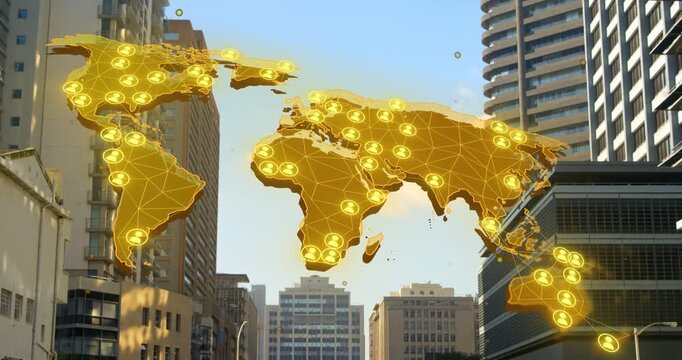 Golden world map overlay appearing on load above avenue settling and pulsing nodes, showing network