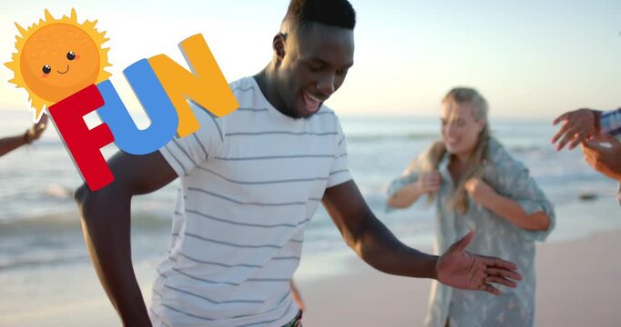 Dancer stepping out, dancing on beach, entertaining friends, FUN sun appearing left for marketing