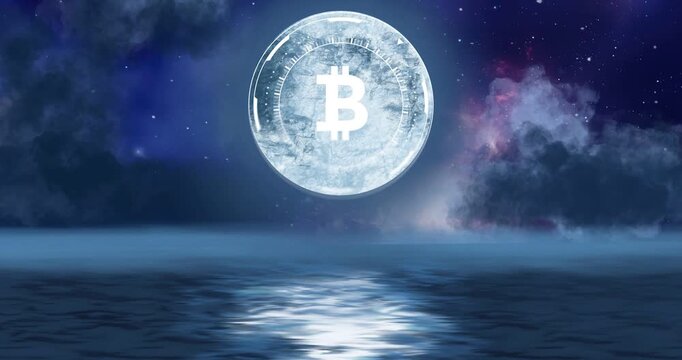 Animation starting, Bitcoin coin pulsing, rotating and drifting downward, showing sea reflection