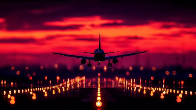 Travel trip journey. A vivid, dramatic depiction of an airplane taking off from an airport runway at sunset. The sky is a gradient of deep reds and oranges.