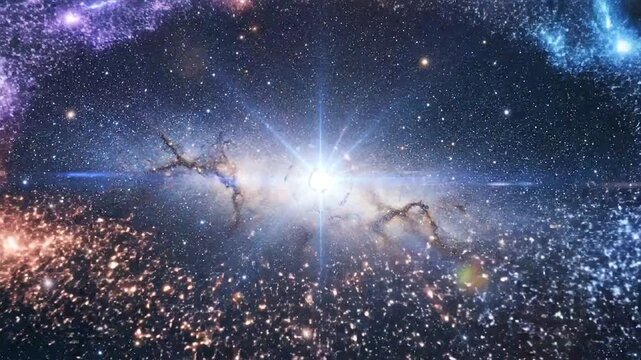 A vibrant abstract scene of a bright star emitting waveform patterns, surrounded by a circle of light, with galaxies and nebulas in the background.