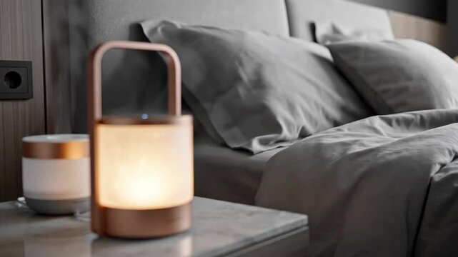 Modern Essential Oil Diffuser Lamp Turning on and Releasing Aromatic Mist in a Cozy Bedroom