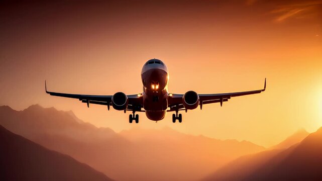 Travel trip journey. A vivid portrayal of an airplane taking off from an airport runway at sunset. The sky is a gradient of warm oranges and reds, with the sun casting a golden glow over the scene.