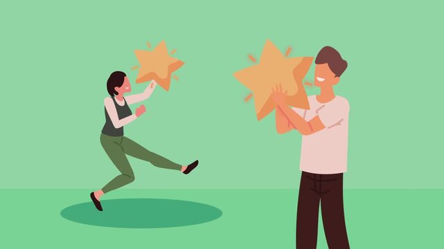 Dynamic motion graphic of diverse business people giving stars, representing excellent customer service and client feedback.
