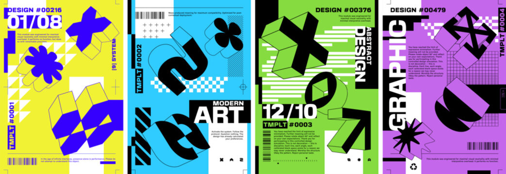 Set of abstract posters with 3D geometric shapes, brutalist typography, and vibrant colors