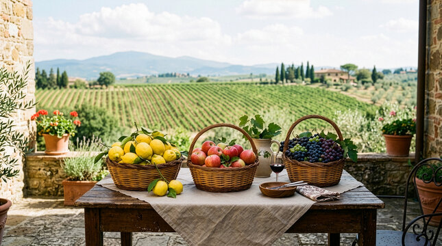 Tuscan vineyard table presenting baskets of fresh lemons, apples, and wine grapes with a scenic italian landscape