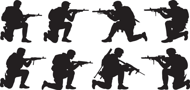 Army silhouette of men soldiers with weapons, a large military vector set. silhouette vector illustration