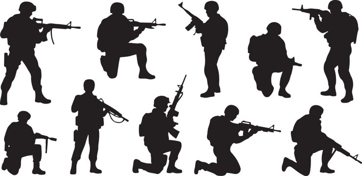 Army silhouette of men soldiers with weapons, a large military vector set. silhouette vector illustration