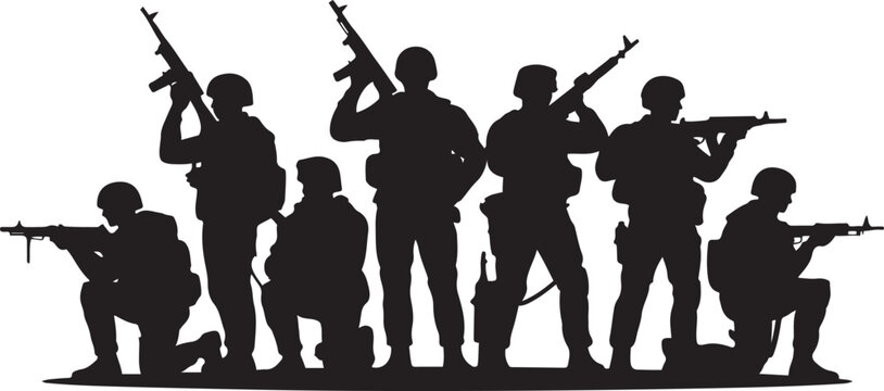 Army silhouette of men soldiers with weapons, a large military vector set. silhouette vector illustration