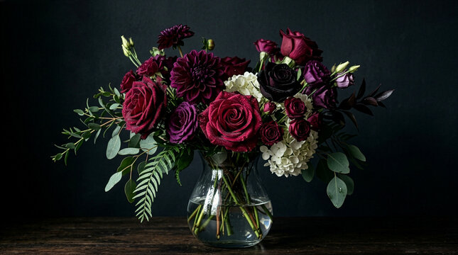 Dark floral bouquet featuring deep red roses, purple dahlias, black baccara, and white hydrangea in a glass vase