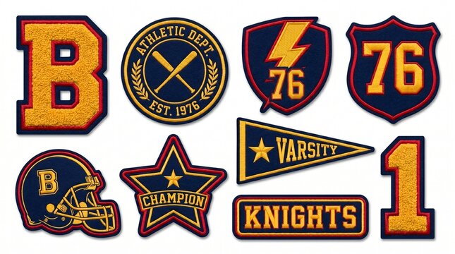 Retro Varsity Sports Letter Patch and Athletic Shield Collection in Navy Blue and Varsity Gold for Sports Fashion Apparel University and Streetwear Brand Design