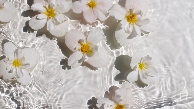 White Jasmine, Chamomile flowers on water surface waves on White background. Water splash. Pure water with reflections sunlight and shadows. Valentines day texture. . High quality 4k footage