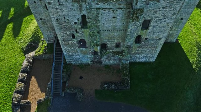 Aerial Trim Castle and the historic town of Trim on a bright sunny day.