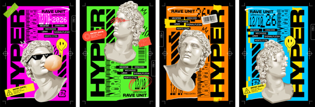 Abstract Brutalist Event Posters Set with Antique Statue and Acid Graphic Design Elements