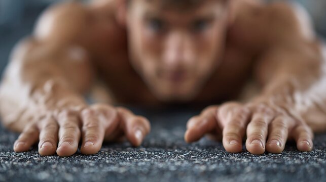A man doing push-ups on the floor &mdash; a dynamic backdrop for fitness, willpower and physical training.