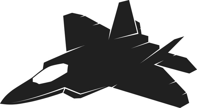 Stylized black silhouette of a modern f-22 raptor fighter jet isolated on white, showcasing sharp aerodynamic lines and aggressive combat