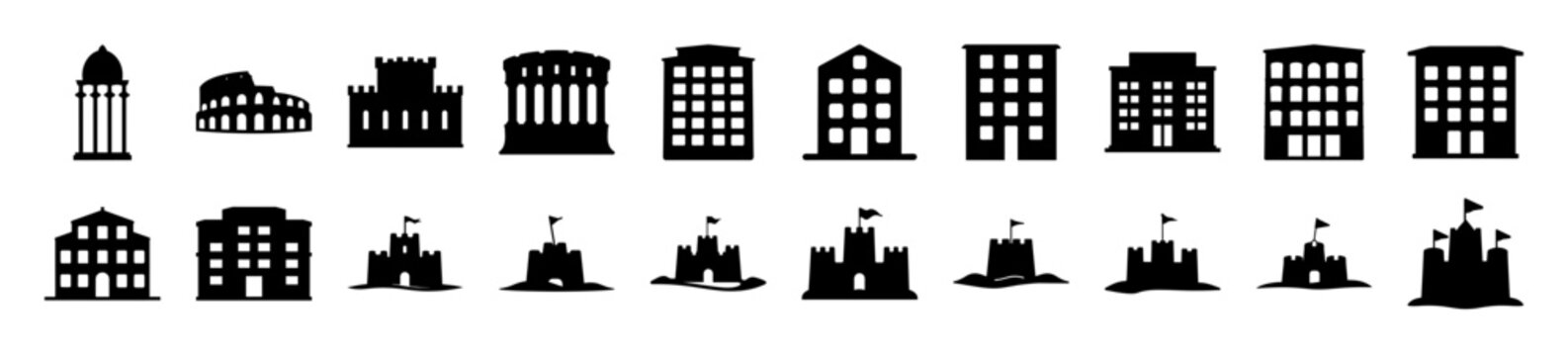 Black and white building icons set with flags - Minimalist vector icons of various buildings including skyscrapers, houses, and government buildings with small flag icons on top.