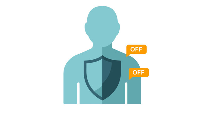 Human silhouette with shield and off buttons representing security status.