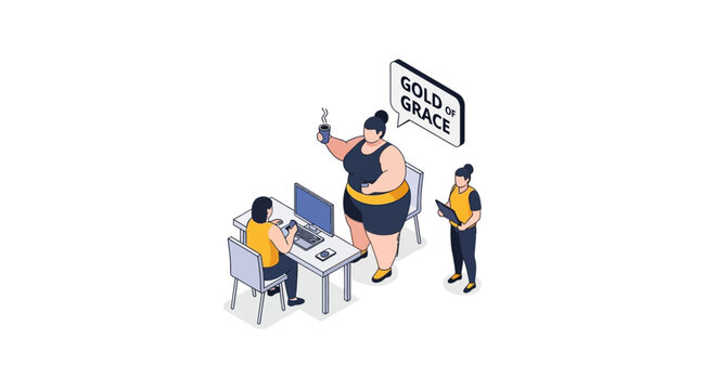 Isometric illustration of a woman with a speech bubble in an office setting.