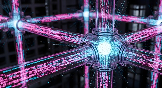 Digital data streams flow through a glowing network structure representing big data and technology