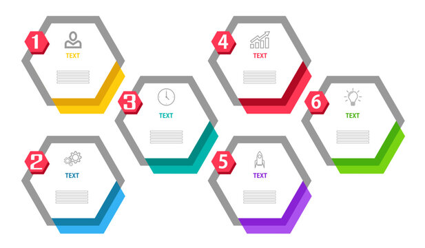 6 Steps business infographic template with hexagonal zigzag layout, process timeline diagram with icons, flat vector illustration.