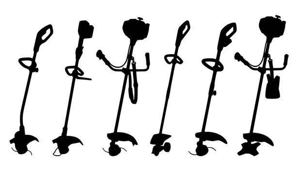 Black string trimmer silhouette set of six vector icons for gardening and landscaping tools