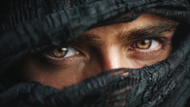 Intense Close-Up Portrait of a Man?s Eyes Partially Covered by Dark Textured Fabric with Striking Brown Irises and Atmospheric Lighting