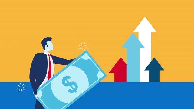 Businessman holding large banknote with rising financial growth arrows animation representing successful investment and profit increase.