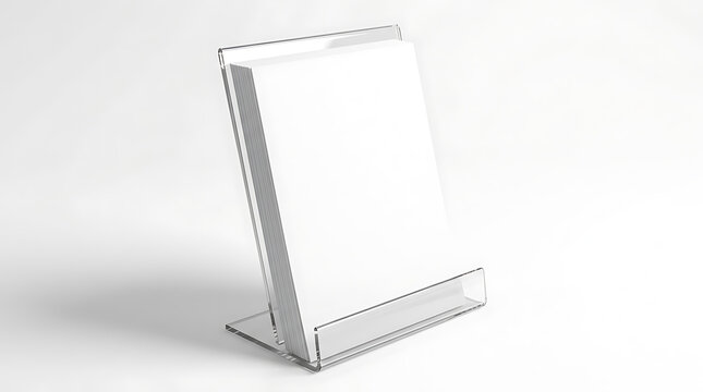 Clear acrylic brochure holder with a stack of blank white flyers on a neutral studio background
