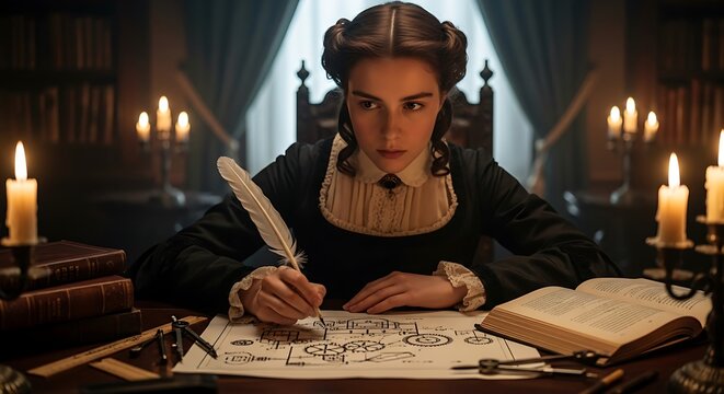 Ada Lovelace in a candlelit chamber in a still from a movie