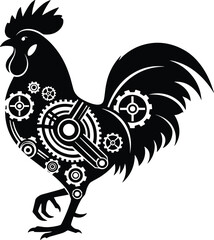 Steampunk Rooster Silhouette Vector Illustration Featuring a Standing Cockerel with Mechanical Gear Patterns and Industrial Clockwork Design for Creative Branding, Farm Identity, and Technical Logos. © Saminur
