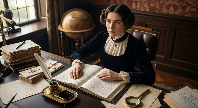 Ada Lovelace at a Victorian desk surrounded by documents in a realistic setting