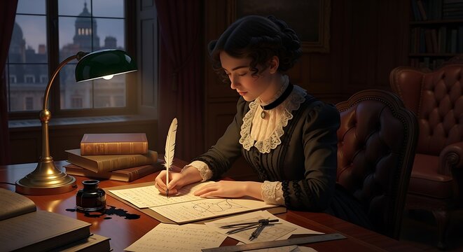 Ultra-realistic image of Ada Lovelace writing mathematical notes with quill and ink