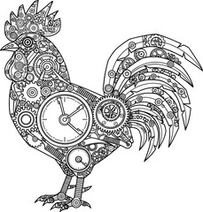 Intricate Steampunk Rooster Line Art Vector Illustration Featuring a Standing Cockerel with Mechanical Gear Patterns and Clockwork Design for Coloring Pages and Creative Branding. © Saminur