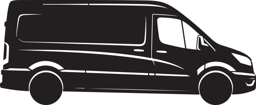 Black van silhouette, side view, vehicle icon, transportation illustration, delivery truck