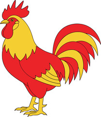 Colorful Rooster Vector Illustration Featuring a Standing Chicken with Red © Saminur