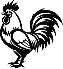 Detailed Black and White Rooster Silhouette Vector Illustration Featuring a Standing Cockerel with Intricate Feather Patterns for Agriculture Branding, Farm Identity, and Animal Logos. © Saminur