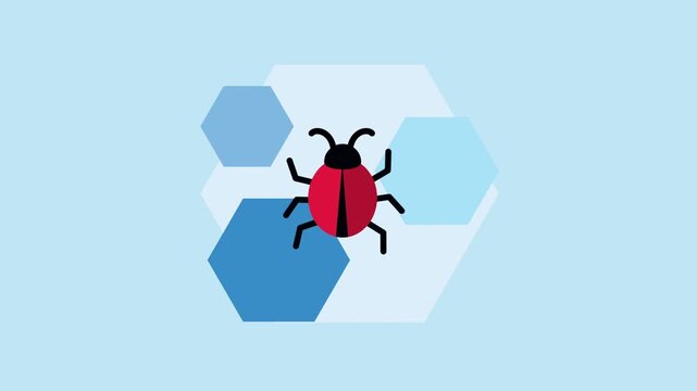 Bug on light blue background with moving hexagons.