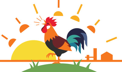 Colorful Rooster Crowing at Sunrise Vector Illustration Featuring a Flat Farm Landscape with Rising Sun for Agriculture Branding, Poultry Identity, and Morning Concepts. © Saminur