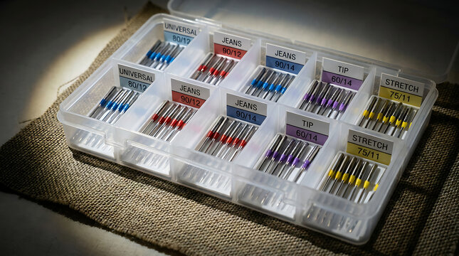 Variety of Sewing Machine Needles Organized in a Clear Plastic Case for Crafting