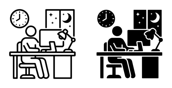 Overtime Work Icons, Late Night Desk Job Vector Set, Deadline Pressure Illustration, Remote Work Concept Graphics