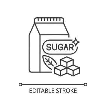 Sugars linear icon. Crystal cubes. Refined powder in packaging. Supermarket product. Thin line customizable illustration. Contour symbol. Vector isolated outline drawing. Editable stroke