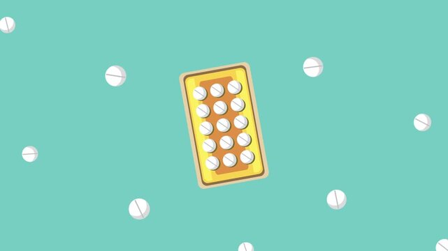 White pills falling and floating around medical blister pack in dynamic motion.