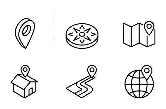 Location Icons Set, Navigation Symbols Collection, Map Pointers Vector Graphics, Travel and Discovery Elements