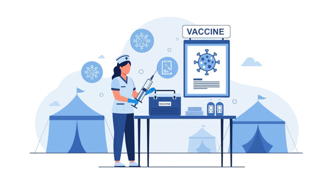 Nurse prepares COVID-19 vaccine injection at outdoor clinic with tents and virus illustration